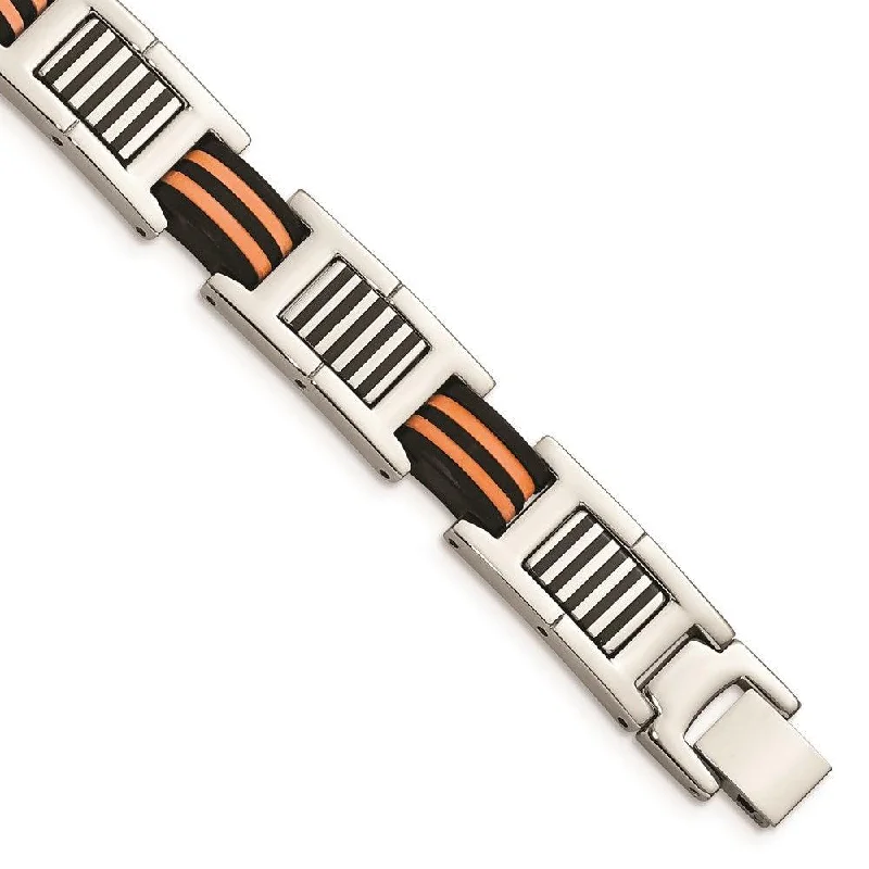 ladies bracelets sapphire-Stainless Steel Orange and Black Rubber Polished Bracelet