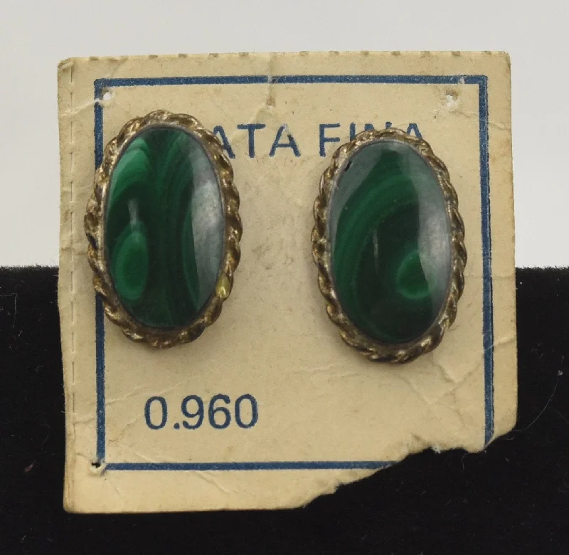 Ladies earrings high end -960 Silver Oval Malachite Stud Earrings