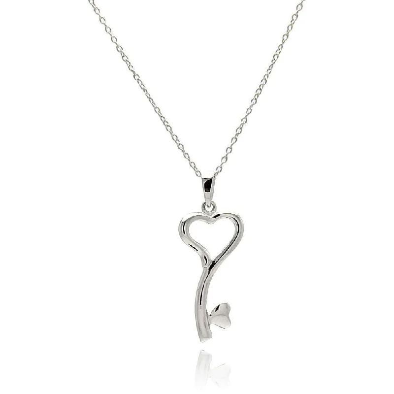 ladies necklaces adjustable-Silver 925 Rhodium Plated Clear CZ Heart Key Pendant Necklace - STP01328