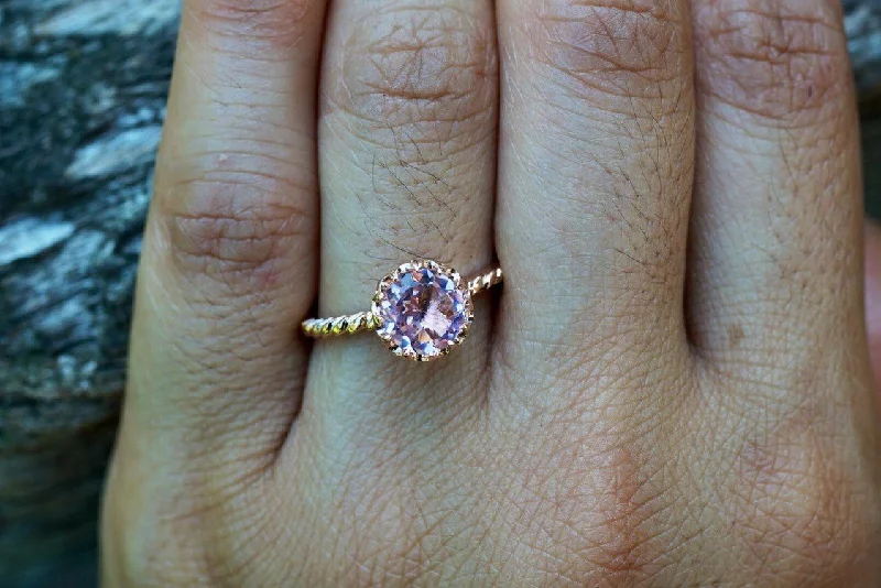 Ladies engagement rings 1920s inspired -Melrose 14k Rose Gold Round Morganite Pinkish Halo Engagement Ring Crown Vintage 7mm