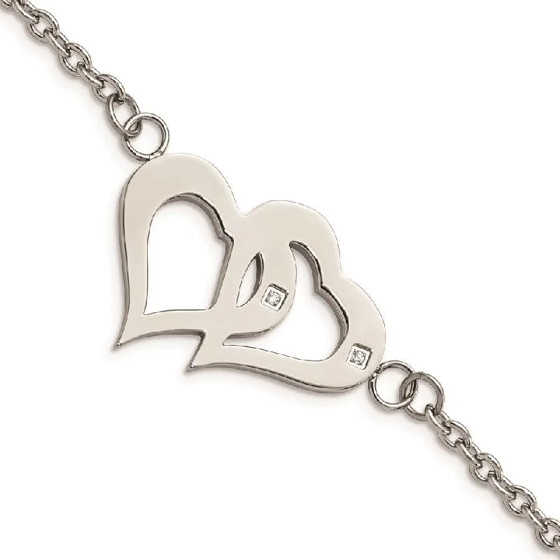 ladies bracelets floral-Stainless Steel Polished Hearts with CZs 6.5in w/1.25in. ext. Bracelet