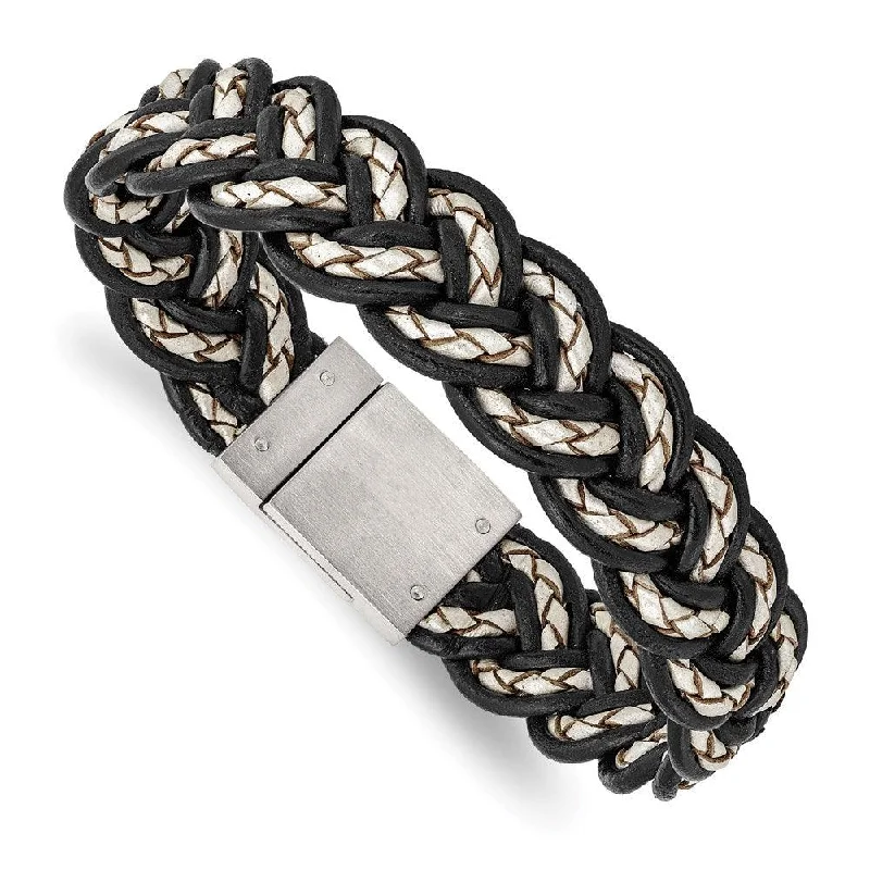 ladies bracelets near me-Stainless Steel Brushed Black and Cream Woven Leather Bracelet