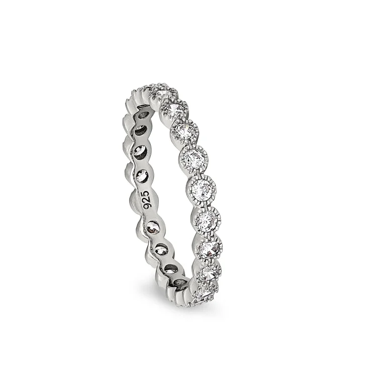 Ladies rings animal motif -Platinum Finish Sterling Silver Beaded Bezel Ring with Simulated Diamonds