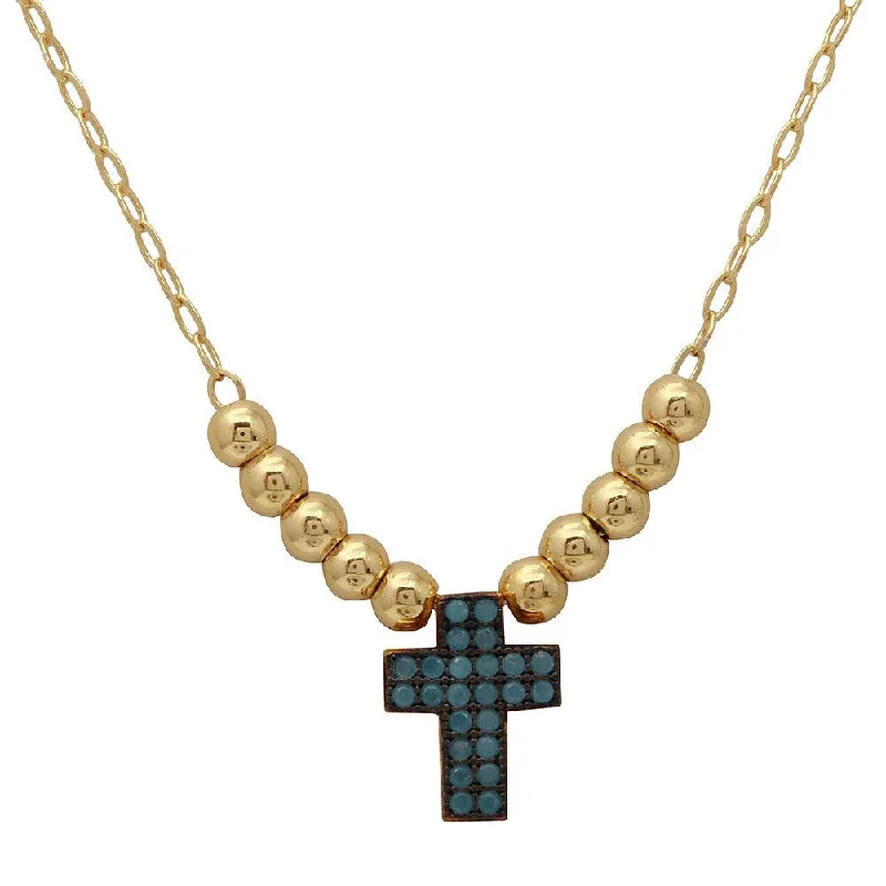 ladies necklaces sapphire-Gold Plated 925 Sterling Silver Beaded Necklace with Turquoise Stone Cross - GMN00025GB