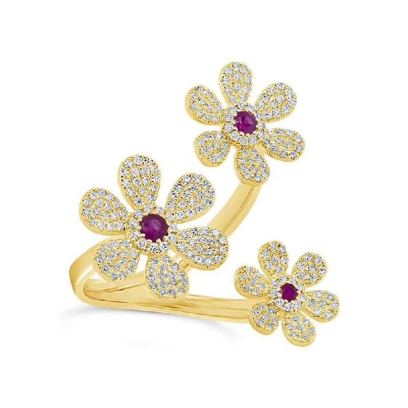 Ladies rings welsh symbol -14KT GOLD 0.66 CTW RUBY & DIAMOND PAVÉ 3 FLOWER RING