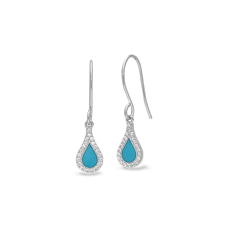 Ladies earrings coral accent -Platinum Finish Sterling Silver Micropave Turquoise Enamel Teardrop Earrings with Simulated Diamonds