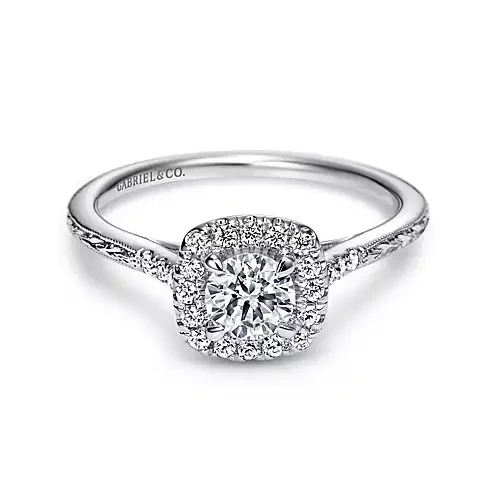 Ladies engagement rings cushion cut -Audrey - Vintage Inspired 14K White Gold Cushion Halo Round Diamond Engagement Ring