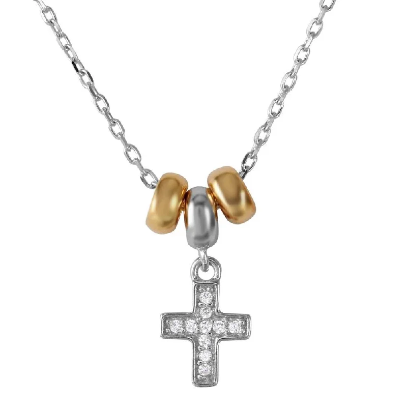 ladies necklaces seasonal design-Rhodium Plated 925 Sterling Silver and Gold Plated Dangling CZ Cross with 3 Hoop Necklace - BGP01200