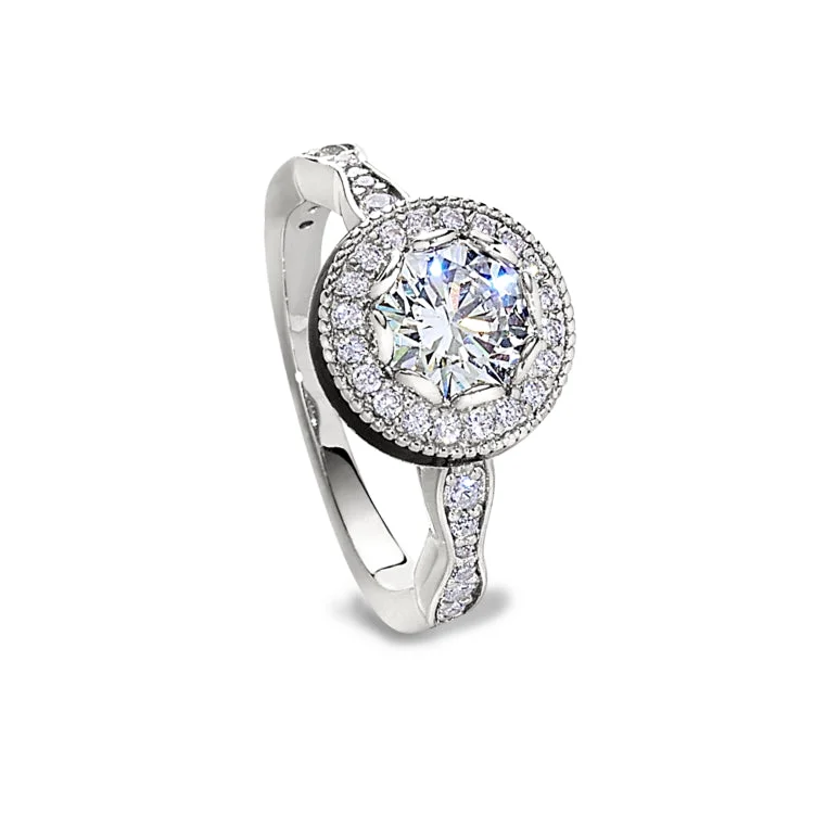 Ladies rings graduation gift -Platinum Finish Sterling Silver Micropave Round Halo Ring with Simulated Diamonds - Size 9