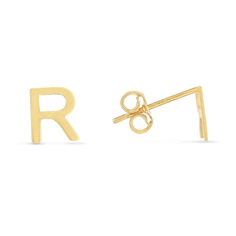 Ladies earrings emerald green -14K Gold Initial R Stud Earring