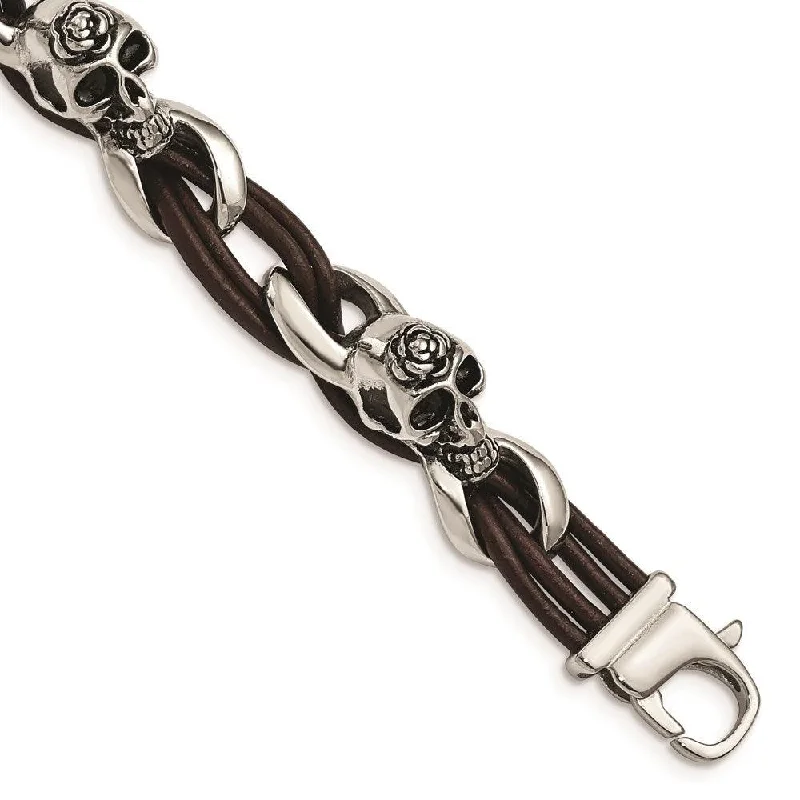 ladies bracelets elegant-Stainless Steel Polished Skulls/Roses Brown Leather Bracelet