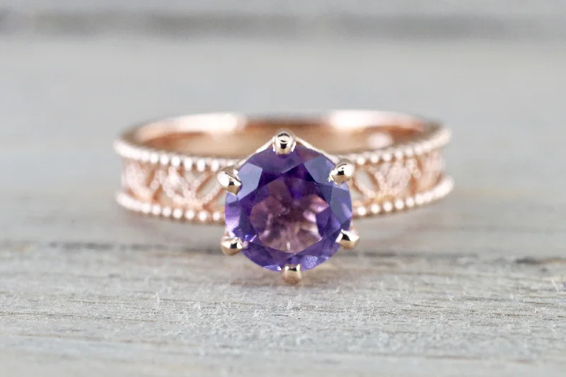 Ladies engagement rings mother daughter -14k Rose Gold Round Purple Amethyst Ring Vintage Floral Milgrain Vines Anniversary Engagement Wedding Ring Band