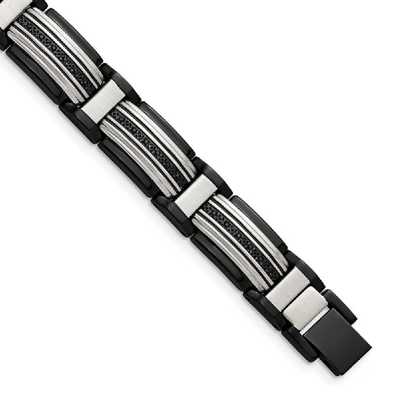 ladies bracelets platinum-Stainless Steel Polished Black IP-plated with Black CZ 8.75in Link Bracelet