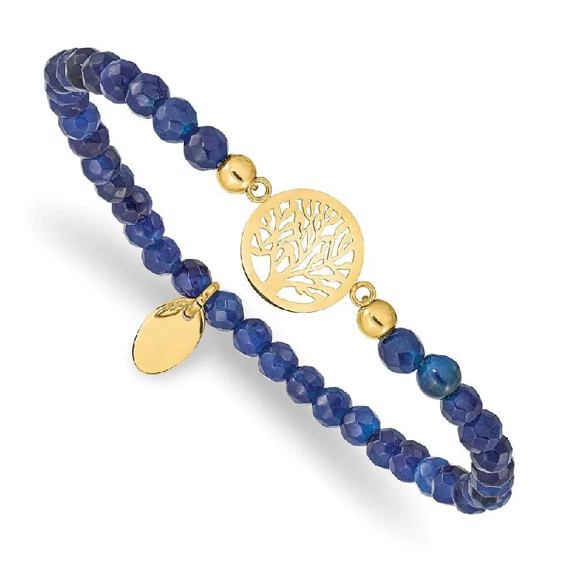 ladies bracelets display-Stainless Steel Polished Yellow IP Tree of Life Blue Jade Stretch Bracelet