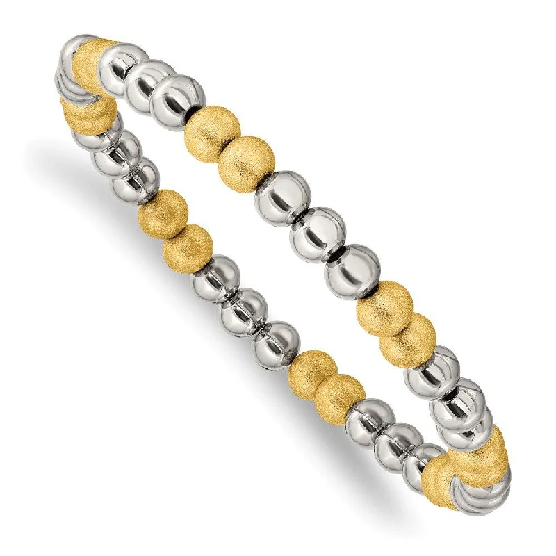 ladies bracelets personalized gift-Stainless Steel Polished Yellow IP Sand Blasted Beaded Stretch Bracelet