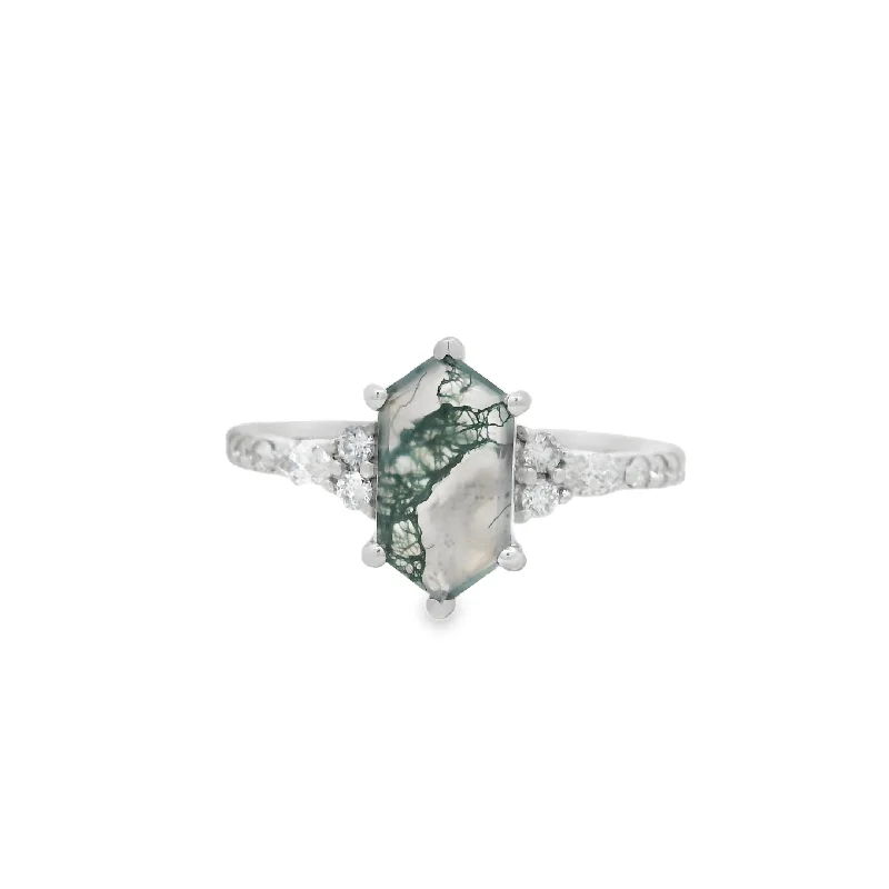 Ladies engagement rings greek inspired -White Gold Moss Agate Diamond Engagement Ring