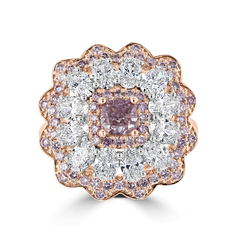 Ladies rings thanksgiving ring -JULEVE 3.55 CARAT TOTAL WEIGHT FANCY PURPLE PINK CENTER WITH WHITE & PINK DIAMOND HALO RING