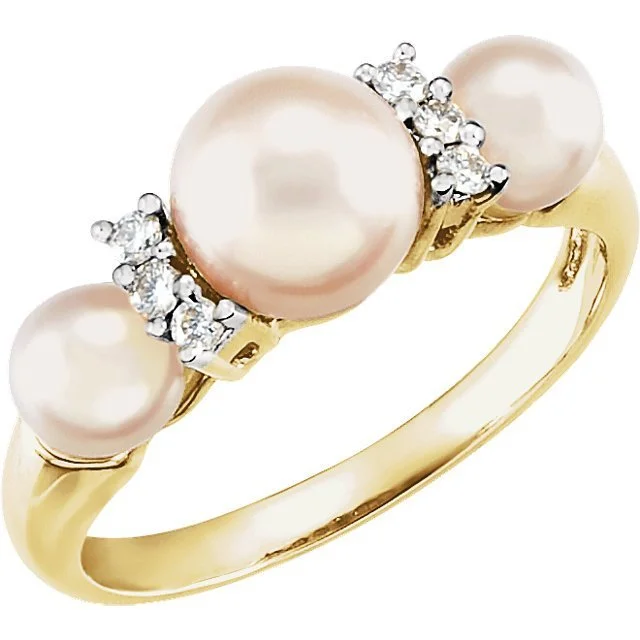 Ladies rings cat accent -14KT YELLOW GOLD THREE-STONE PEARL AND DIAMOND RING