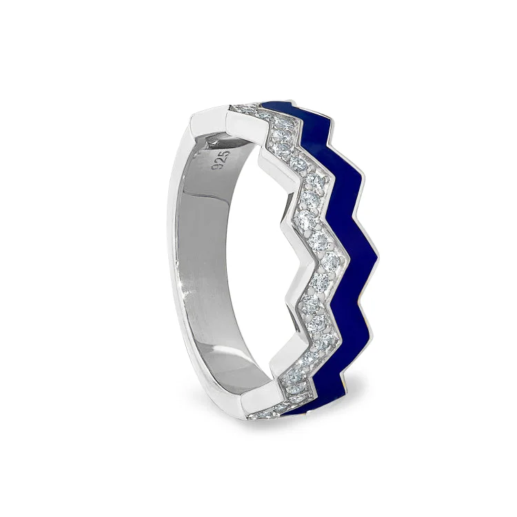 Ladies rings festive look -Platinum Finish Sterling Silver Micropave Ring with with Navy Enamel and Simulated Diamondss