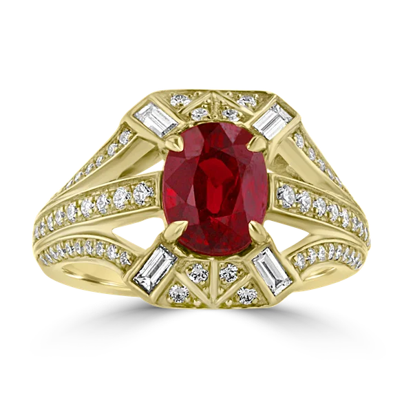 Ladies rings 1990s minimalist -JULEVE 18KT YELLOW GOLD 2.49CT RUBY & 0.65CT DIAMOND HALO RING