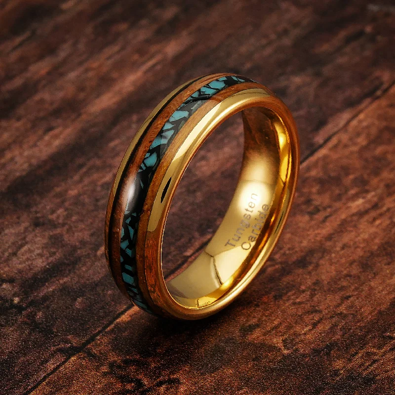 Ladies engagement rings resin art -100S JEWELRY 6mm Gold Tungsten Wedding Ring for Men & Women Turquoise & Whiskey Barrel Inlay Design Durable Engagement and Promise Band Available in Sizes 6-13