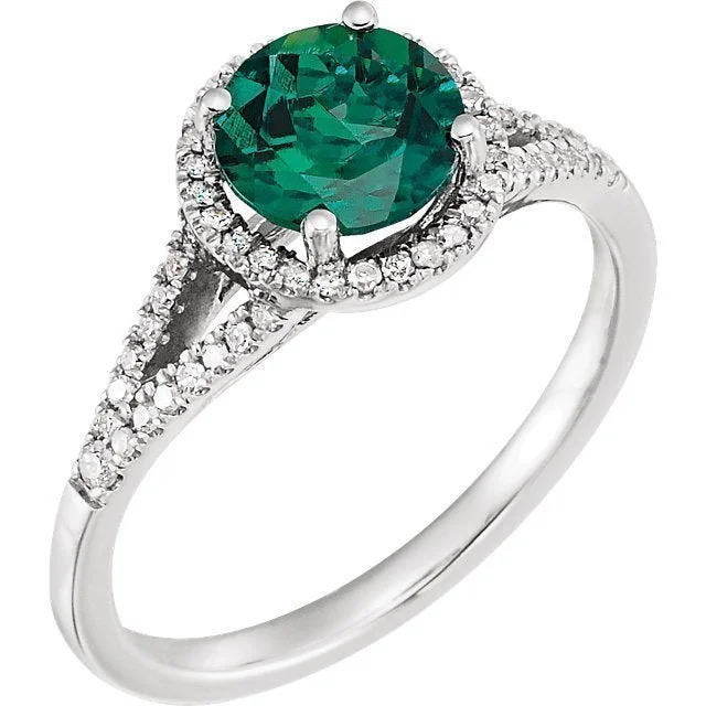 Ladies rings with pearls -14KT WHITE GOLD 1 1/4 CT LAB CREATED EMERALD & 1/6 CTW DIAMOND HALO RING