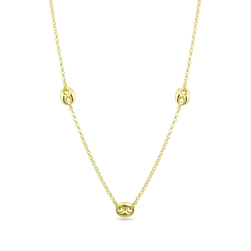 ladies necklaces rustic-Gold Plated 925 Sterling Silver 3 Puffed Mariner Adjustable Link Necklace - ITN00158-GP