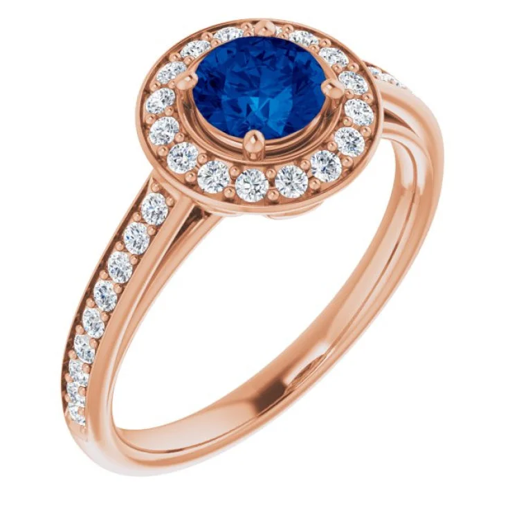 Ladies rings forest design -14K Rose Lab-Grown Blue Sapphire & 1/3 CTW Natural Diamond Ring