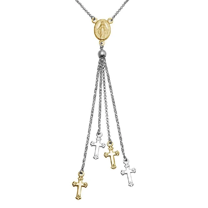 ladies necklaces surprise-Rhodium Plated 925 Sterling Silver and Gold Plated Rosary Tassel Necklace - ARN00048RH-GP