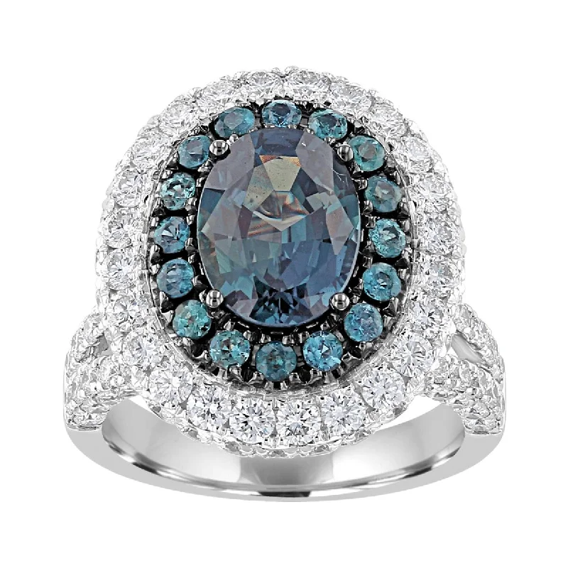 Ladies rings princess style -JULEVE 2.95 CTW ALEXANDRITE & 3.07 CTW DIAMOND DOUBLE HALO RING