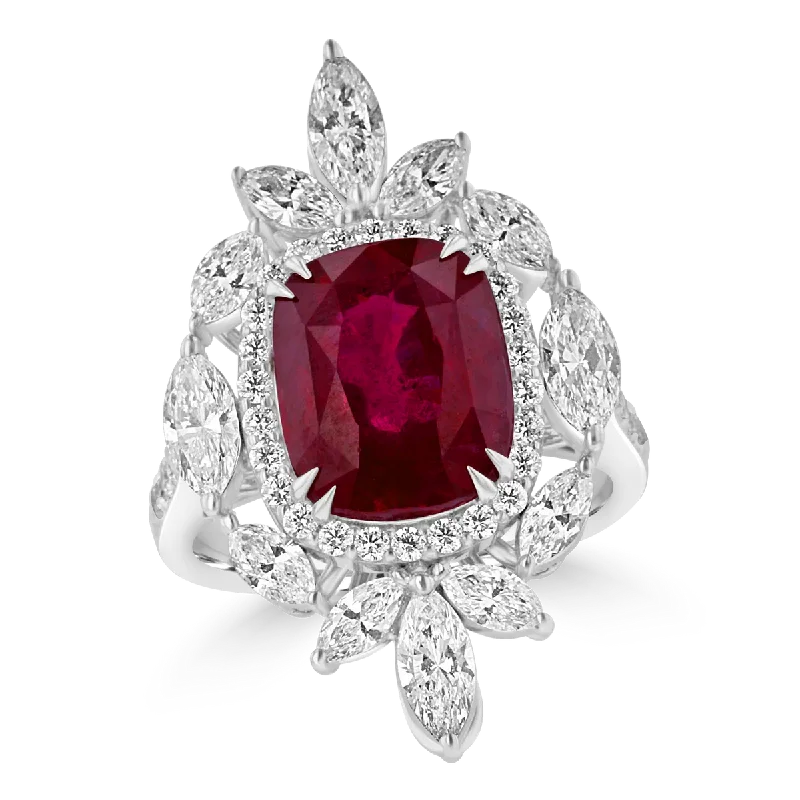 Ladies rings for everyday wear -JULEVE 18KT WHITE GOLD 6.03 CT RUBY & 2.01 CTW DIAMOND HALO RING