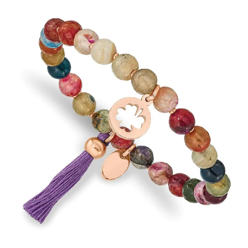 ladies bracelets cleaning-Stainless Steel Polished Rose IP Clover Multi Color Agate Stretch Bracelet