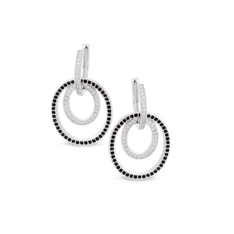 Ladies earrings with tassels -Platinum Finish Sterling Silver Micropave Black and White Interlocking Huggie Earrings with Simulated Diamonds