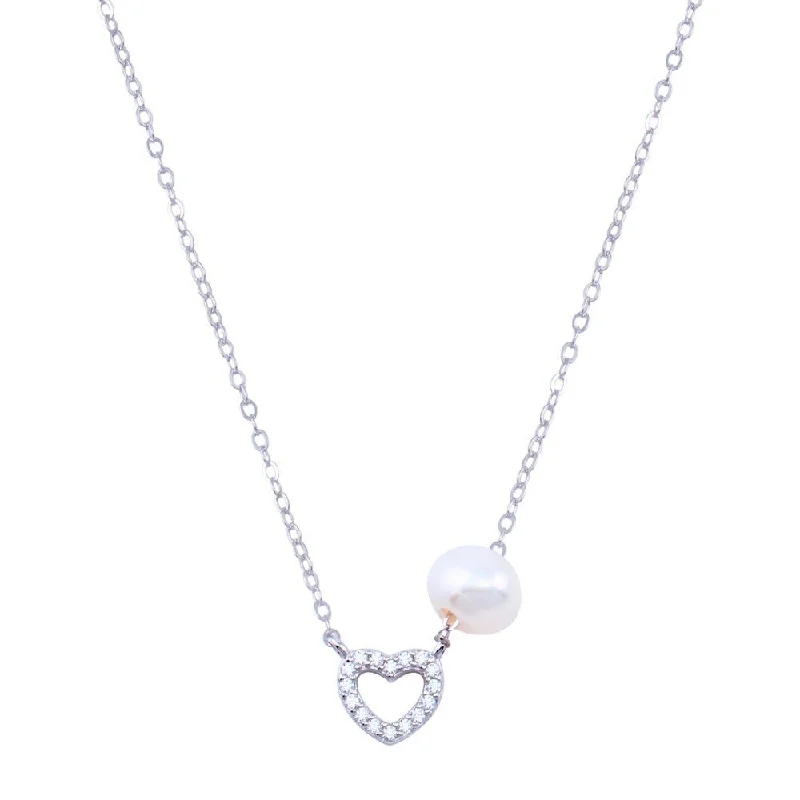 ladies necklaces surprise-Rhodium Plated 925 Sterling Silver Fresh Water Pearl Heart Charm Clear CZ Necklace - STP01816