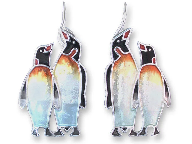 Ladies earrings floral drop -Emperor Penguin Couple Art Earrings (Enamel & Silver Plated - 1 1/8" x 1/2")