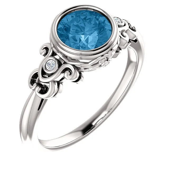 Ladies rings owl design -14KT WHITE GOLD 1.30 CT BLUE TOPAZ & 1/10 CTW DIAMOND BEZEL-SET RING