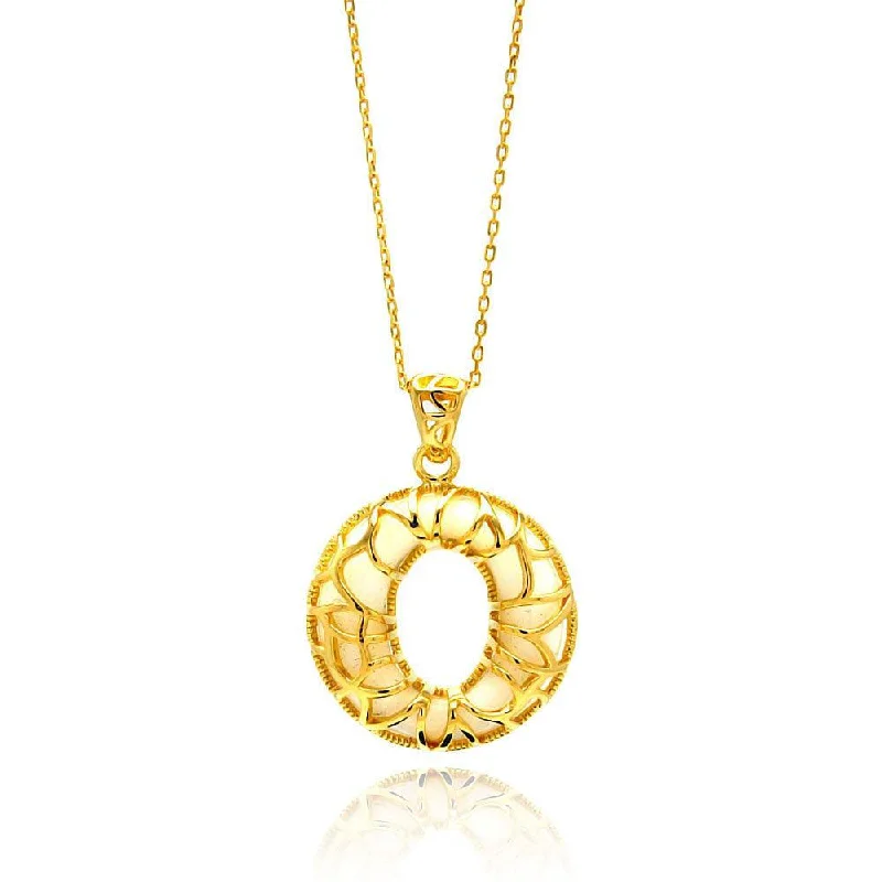 ladies necklaces horoscope-Silver 925 Gold Plated Open O Filigree CZ Center White Onyx Necklace - BGP00559