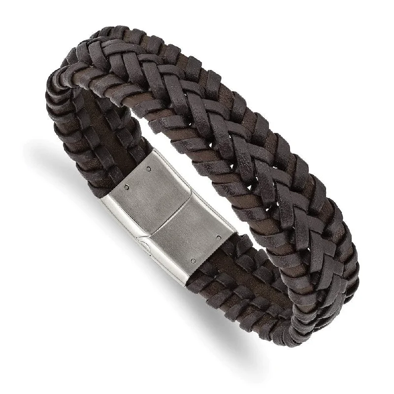 ladies bracelets link-Stainless Steel Polished Braided Brown Leather 8.5in Bracelet