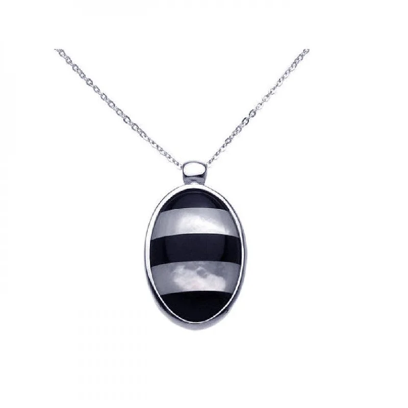 ladies necklaces gift-Clearance-Silver 925 Rhodium Plated Mother of Pearl Onyx Oval CZ Necklace - BGP00278