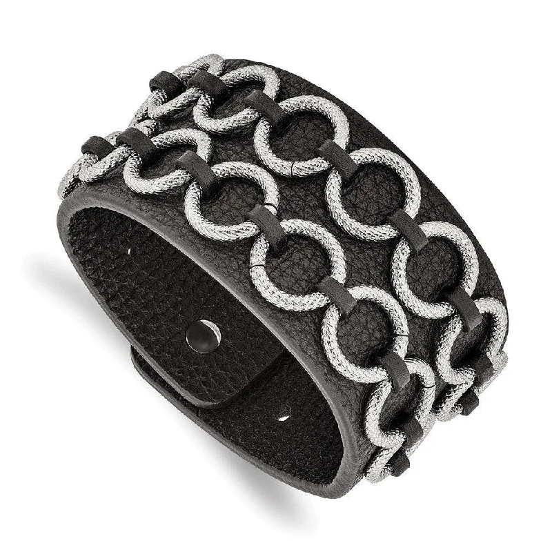 ladies bracelets repair-Stainless Steel Polished Textured Black Leather Bracelet