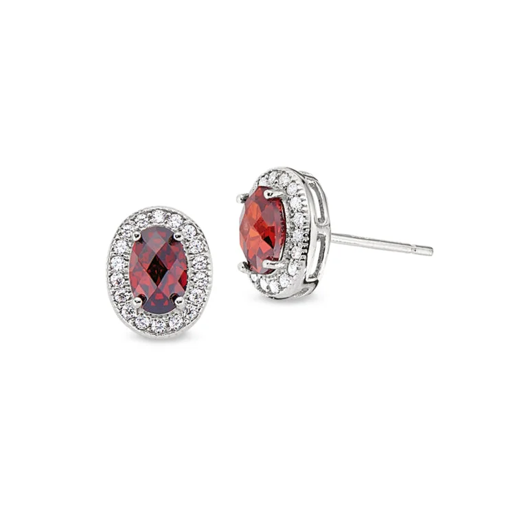 Ladies earrings pharaoh design -Platinum Finish Sterling Silver Micropave Facet Cut Garnet Colored Earrings with Simulated Diamonds