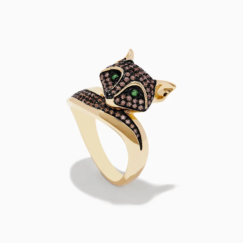 Ladies rings coral accent -Safari 14K Yellow Gold Brown Diamond and Tsavorite Fox Ring