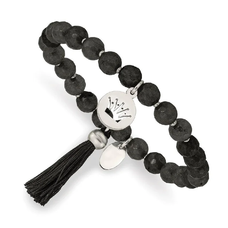 ladies bracelets special occasion-Stainless Steel Polished Crown w/Tassel Black Jade Stretch Bracelet