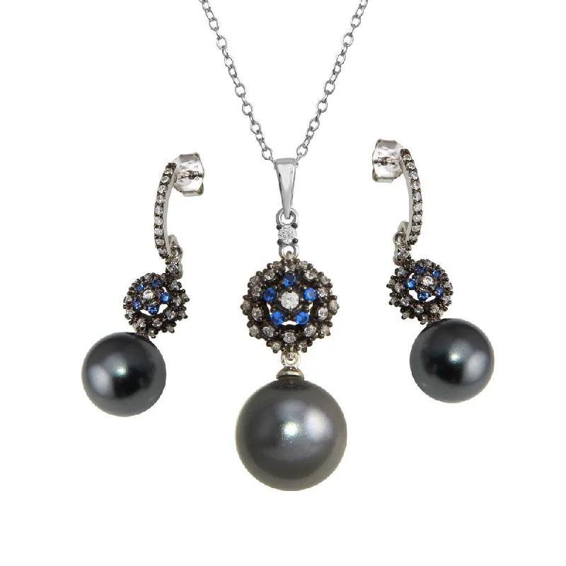 ladies necklaces work-Rhodium Plated 925 Sterling Silver Synthetic Black Pearl Necklace with CZ - BGS00576