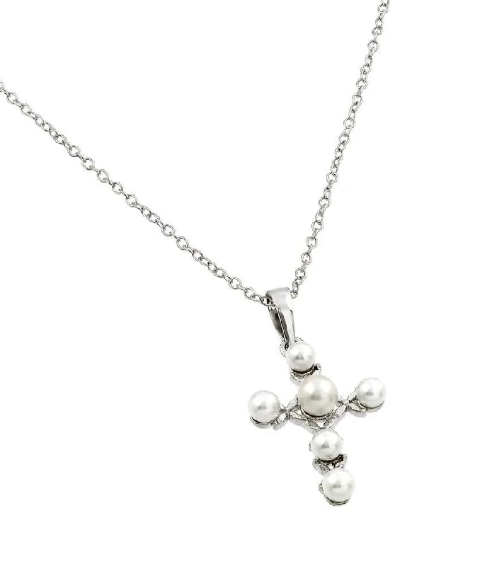 ladies necklaces timeless-Silver 925 Rhodium Plated Cross Pearl Pendant Necklace - BGP00858