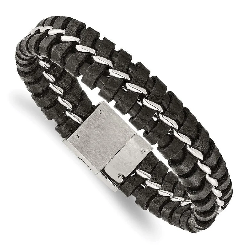 ladies bracelets trendy-Stainless Steel Black Leather Brushed and Polished Bracelet