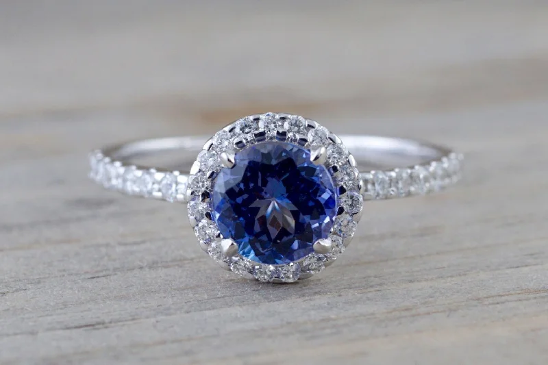 Ladies engagement rings pear shaped -18k White Gold Round Cut Tanzanite Diamond Halo Wedding Engagement Promise Ring Anniversary Dainty Shank Purple Blue