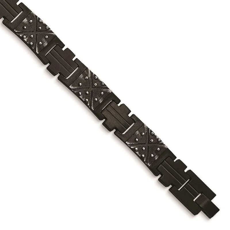 ladies bracelets tennis-Stainless Steel Antiqued and Brushed Black IP-plated 9.25in Link Bracelet