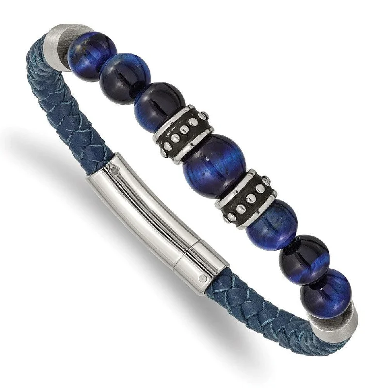 ladies bracelets cheap-Stainless Steel Antiqued and Polished Blue Tiger's Eye Leather Bracelet