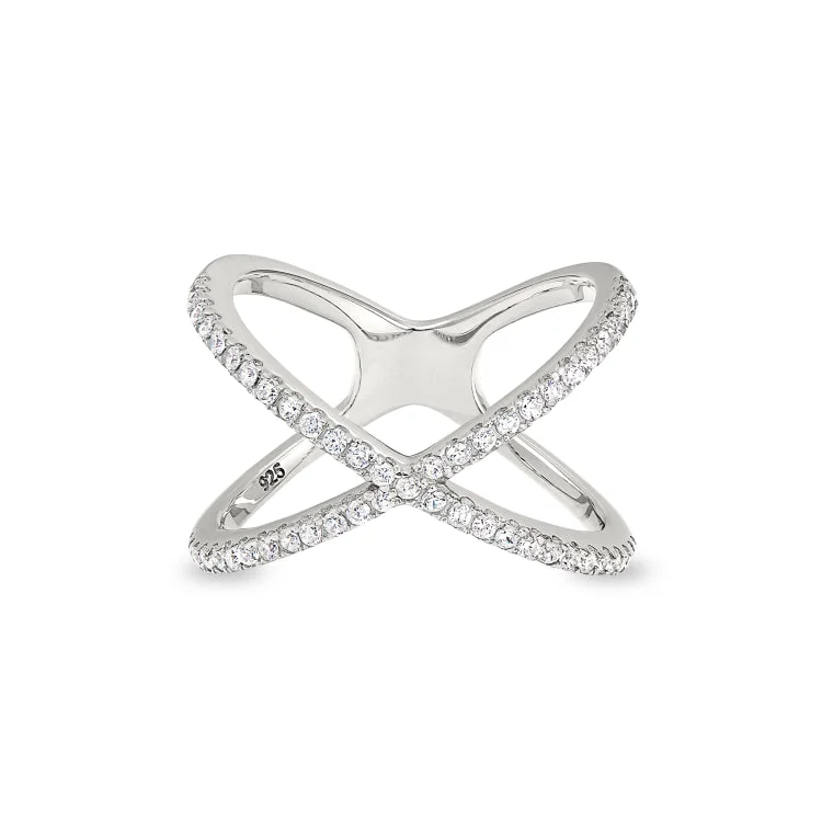 Ladies rings nautical look -Platinum Finish Sterling Silver Micropave Criss-Cross Ring with Simulated Diamonds